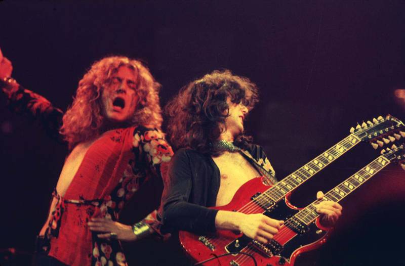 Robert Plant and Jimmy Page of Led Zeppelin at the Chicago Stadium in Chicago, Illinois (Photo by Laurance Ratner/WireImage)