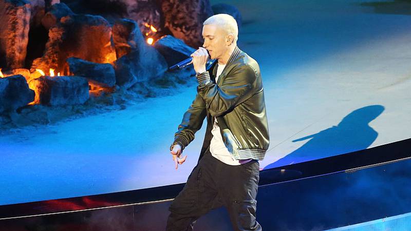 LOS ANGELES, CA - APRIL 13:  Rapper Eminem performs onstage at the 2014 MTV Movie Awards at Nokia Theatre L.A. Live on April 13, 2014 in Los Angeles, California.  (Photo by Frederick M. Brown/Getty Images)