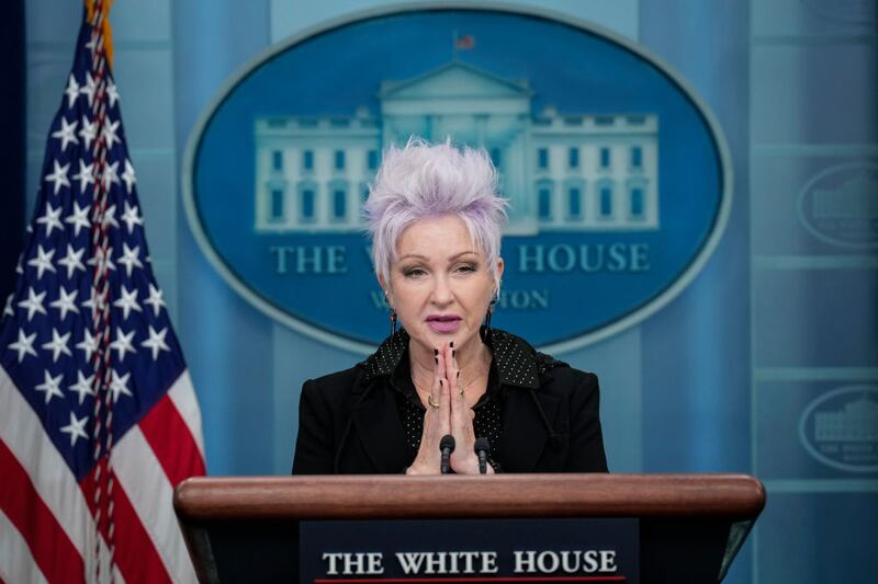WASHINGTON, DC - DECEMBER 13: Singer Cyndi Lauper speaks during the daily press briefing at the White House December 13, 2022 in Washington, DC. Later today, President Joe Biden will sign the Respect for Marriage Act, which will codify same-sex and interracial marriages. (Photo by Drew Angerer/Getty Images)
